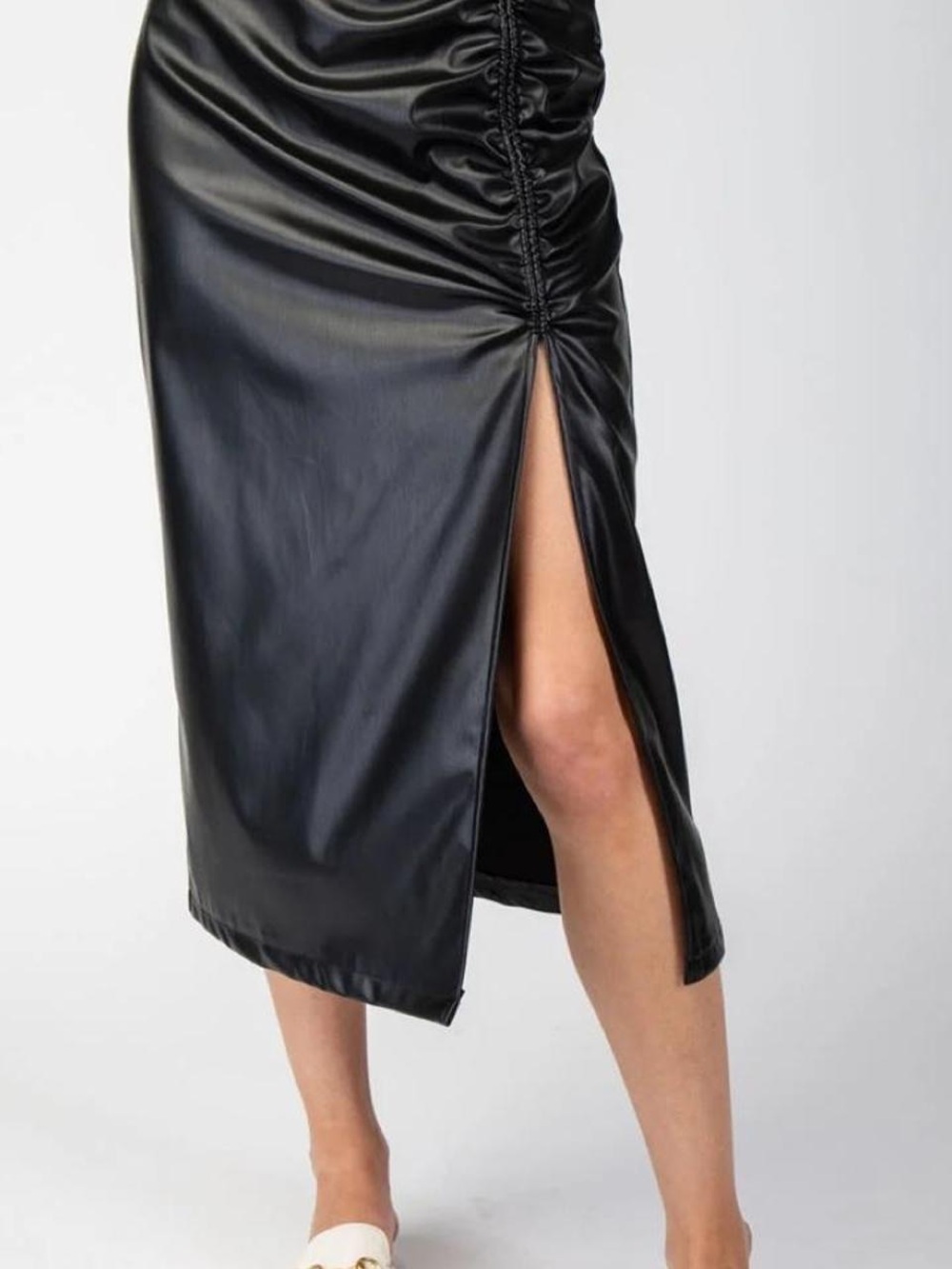 Zara Black Faux Leather Ruched Side-Slit Midi Skirt